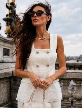 ✨🤍 Zara Ivory Tweed Textured Vest Gold Buttons Square Neck Waistcoat Size L